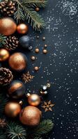 Festive arrangement of golden and black ornaments with pinecones for a holiday celebration photo