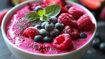 Colorful berry smoothie bowl topped with fresh fruits and mint leaves on a dark background photo