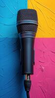 A close up view of a black microphone against a colorful background of purple and yellow hues photo