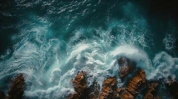 Vibrant coastal view featuring rocky shoreline and turquoise waves on a sunny day photo
