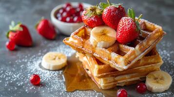 Delicious stack of fluffy waffles topped with fresh strawberries and red currants for breakfast photo
