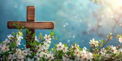 Wooden cross surrounded by delicate flowers on a blue background in a serene setting photo