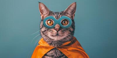 A playful cat in a superhero costume with glasses and a cape against a colorful background photo