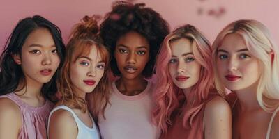 Diverse group of women posing together in soft pink hues during a bright daylight shoot photo