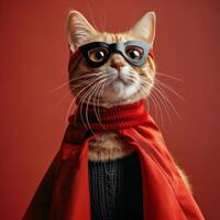 A playful cat in a superhero costume with glasses and a cape against a colorful background photo