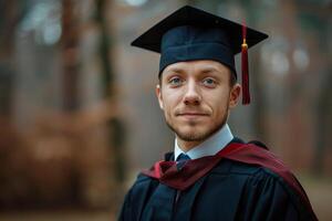 Recent graduate wearing a cap and gown poses outdoors in a forested area on a serene morning photo