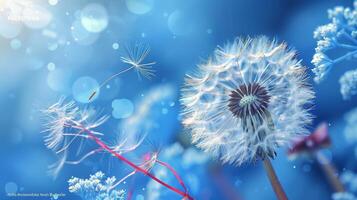A dandelion puff stands tall against a shimmering blue background with soft bokeh effects photo
