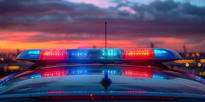 Police car lights illuminate the city skyline at dusk with vibrant colors and dramatic clouds photo