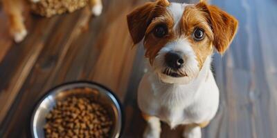 Cute small dog eagerly awaits meal in cozy kitchen with food bowl nearby photo