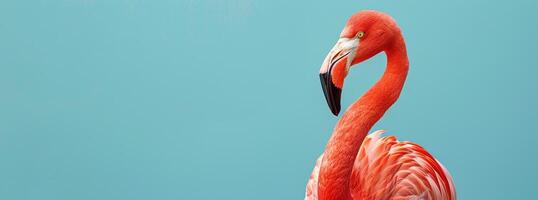 A vibrant flamingo posing gracefully against a solid blue background in natural light photo