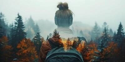 Evening wanderer gazes at misty forest landscape with autumn colors and serene lake photo