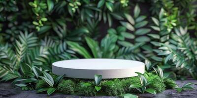 Simple white display platform surrounded by lush green foliage in a natural setting photo
