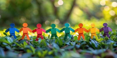 Colorful paper figures holding hands in a vibrant outdoor setting during daylight hours photo