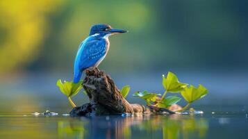 Vibrant kingfisher perched on a log in tranquil waters at dawn surrounded by lush greenery photo