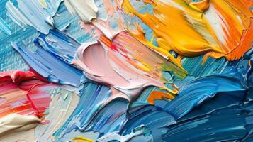 Vibrant abstract paint strokes in warm and cool colors create an artistic texture on canvas photo