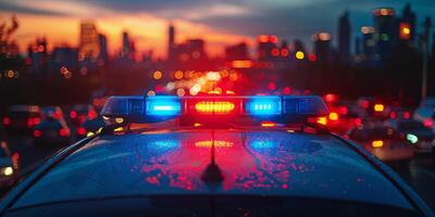 Police car lights illuminate the city skyline at dusk with vibrant colors and dramatic clouds photo