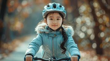 Young girl riding her bicycle happily on a tree lined path during autumn photo