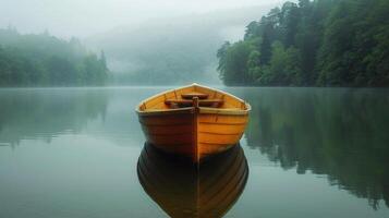 A tranquil yellow boat floats on a misty lake surrounded by lush green forest at dawn photo