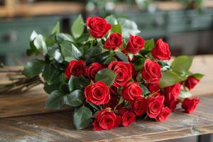 A bouquet of red roses arranged elegantly on a vintage wooden table near a sunlit window photo