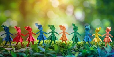 Colorful paper figures holding hands in a vibrant outdoor setting during daylight hours photo