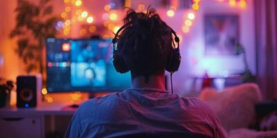 A gamer enjoying an immersive experience in a cozy, dimly lit room with colorful ambient lights photo