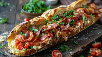 Delicious freshly made baguette sandwiches filled with bacon, vegetables, and greens on a platter photo