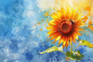 Bright sunflower blooming under blue sky with bee collecting nectar on a sunny day photo