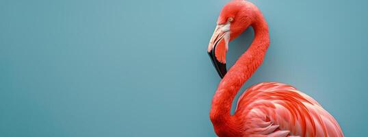 A vibrant flamingo posing gracefully against a solid blue background in natural light photo