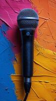 A close up view of a black microphone against a colorful background of purple and yellow hues photo
