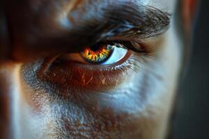 Close up of a piercing blue eye reflecting surroundings with detailed skin texture in natural light photo