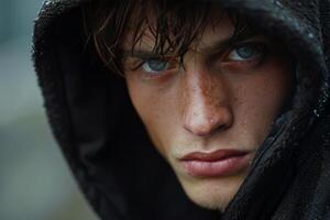 A young boy with piercing blue eyes gazes intensely, reflecting emotion and resilience photo