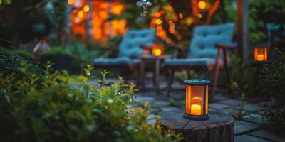 Cozy evening garden gathering with lanterns and string lights near soft seating photo