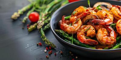 Deliciously grilled shrimp with vegetables served on a plate at a cozy dinner setting photo