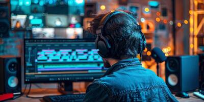 A gamer enjoying an immersive experience in a cozy, dimly lit room with colorful ambient lights photo