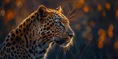 A lone leopard gazes into the sunset amidst the golden glow of the African savanna photo