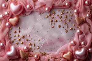 Delicate pink fabric adorned with sparkly hearts and pearls for a romantic celebration photo