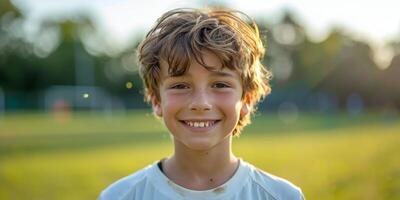 Young boy smiles brightly on a soccer field during a sunny afternoon practice session photo
