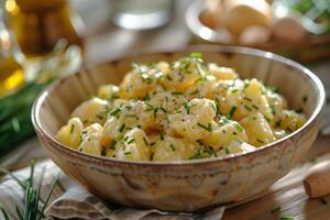 Creamy potato salad served in a rustic bowl with fresh herbs and spices on a wooden table photo