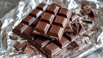 Delicious dark chocolate bar with cocoa nibs and chips on a rustic kitchen countertop photo