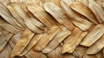 Golden straw like leaves intricately layered together, showcasing natural textures and colors photo
