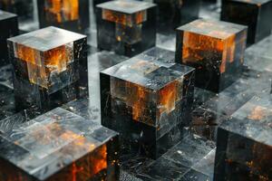 Abstract arrangement of glowing cubes in a dark, reflective environment with luminous elements photo