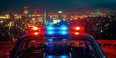 Police car lights illuminate the city skyline at dusk with vibrant colors and dramatic clouds photo
