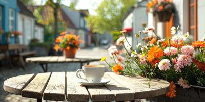 Enjoying a warm cup of coffee at a cozy cafe on a sunny afternoon in a charming street photo
