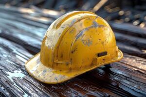 Construction site tools and worn yellow hard hat on a wooden table in a bright workspace photo