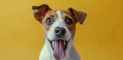 Energetic dog with joyful expression against a bright yellow background in a playful setting photo