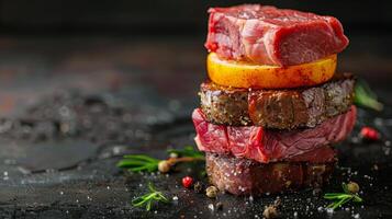 Juicy cuts of meat stacked with slices of citrus on a dark background ready for grilling photo