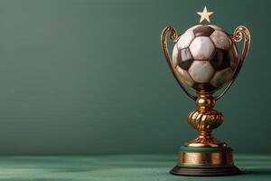 Golden trophy featuring a detailed soccer ball on a green background during a sports event photo