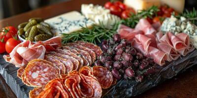 Delicious charcuterie board featuring assorted meats, cheeses, fruits, and herbs for gathering photo