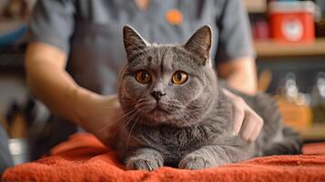 Playful gray cat lounging comfortably on a tiled floor in a cozy indoor environment photo