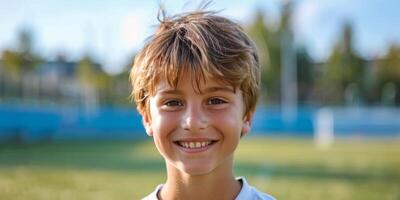 Young boy smiles brightly on a soccer field during a sunny afternoon practice session photo